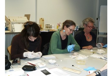 Workshop schoonmaken van watergevoelige oppervlakken door Sonia Tortajada (Prado museum).  foto: Ineke Joosten