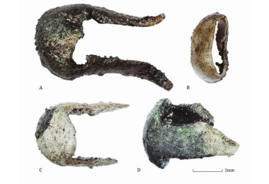 Optical micrographs showing the different colours on the studs and the differences between the bronze objects from Zevenbergen.