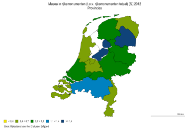 Map of percentage of Dutch museums in a monument compared to alll national monuments, RCE 2012.